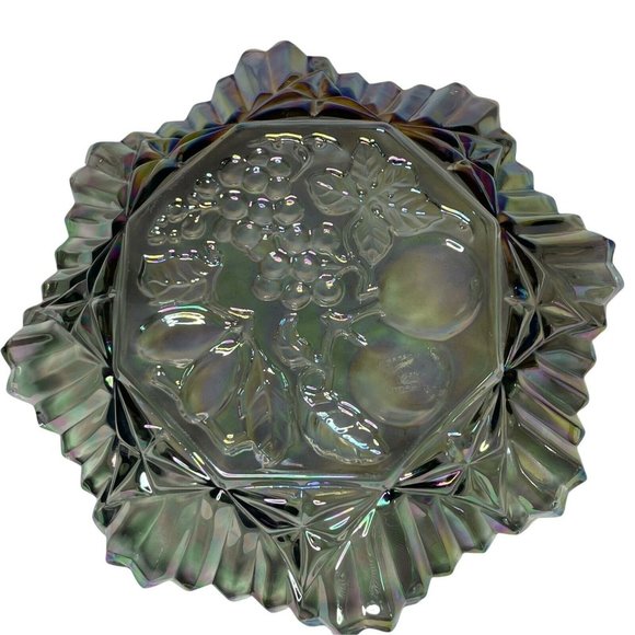 Vintage Smoky Ruffled Carnival Glass Candy Dish Bowl Grapes Cherries 10.25 in - Picture 5 of 5